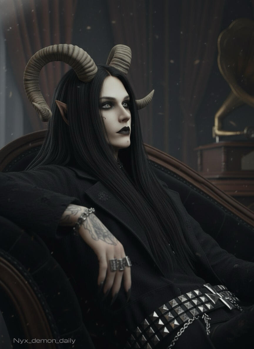 Nyx drifts in silence across a Victorian chaise, a creature of midnight velvet and broken music boxes. Nyx Demon Daily, a haunted soul echoing through song and ruin