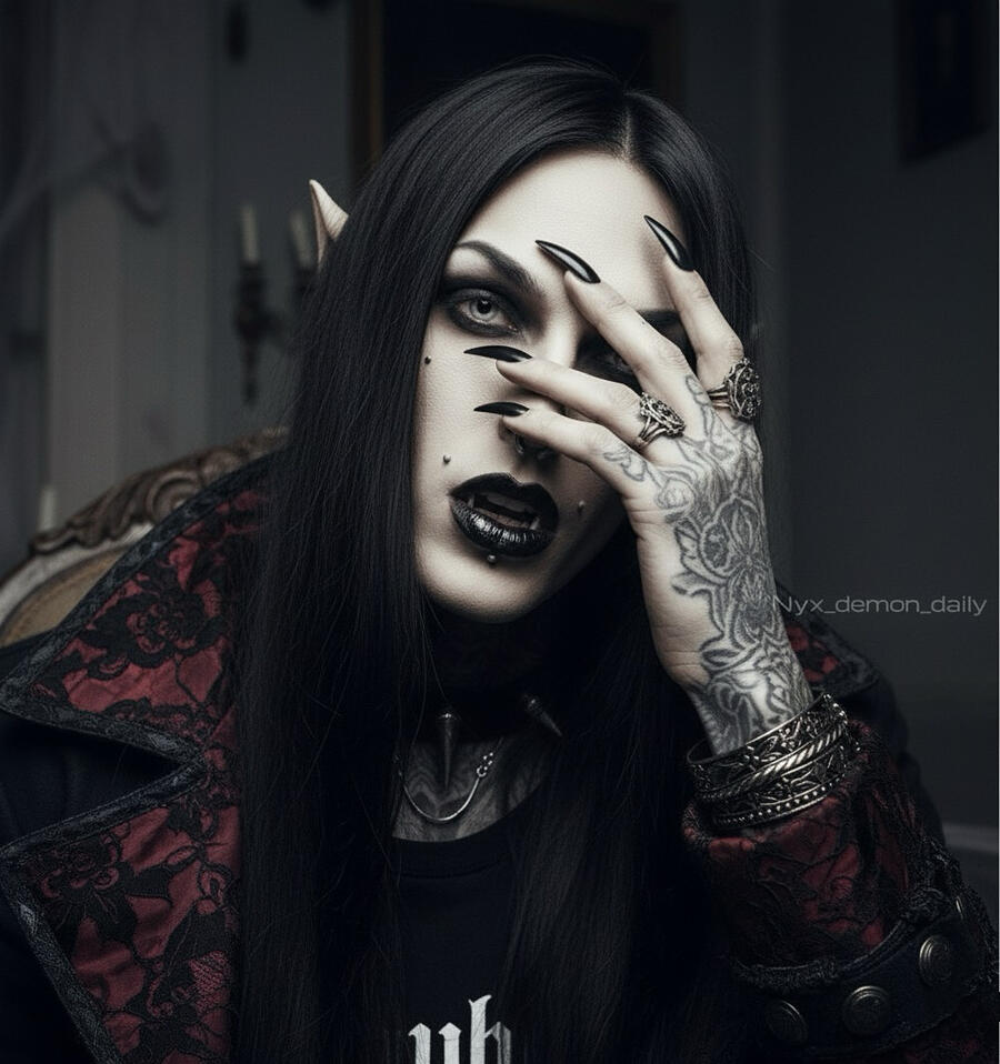 Close-up portrait of Nyx, an androgynous gothic demon with ivory horns, black hair, and silver eyes. Pale skin, haunted expression. Promotional photo for Nyx Demon Daily, the spectral musician who sings what it’s like to feel everything without being alive