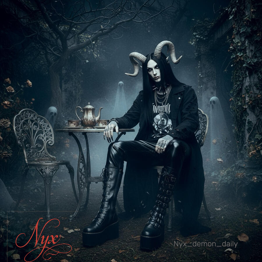 Nyx, demon muse of shadows and memory, gazes through silver eyes horned, pale, and beautiful. Gothic close-up from the mythos of Nyx Demon Daily, the spectral musician who sings what it’s like to feel everything without being alive